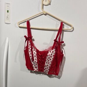 Victoria's Secret Red and White Heart-Print Lace Bustier Crop Top